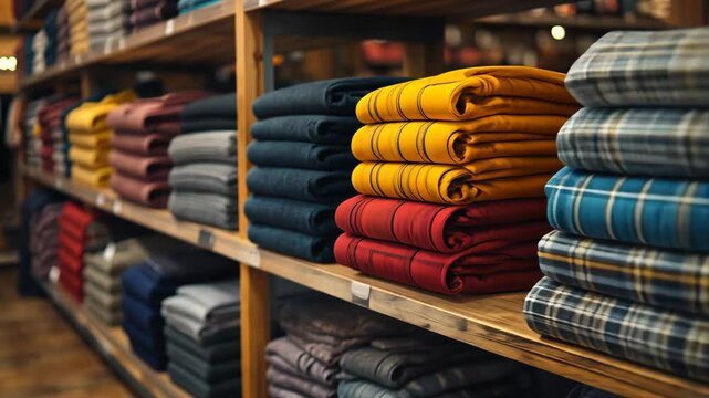 A close up shot of women's shirts folded on a display shelf.
