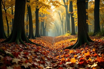 Forest floor covered in a layer of fallen leaves and twigs, landscape, foliage, leaf fall