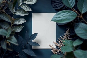 Photo of a blank card mockup surrounded by dark blue leaves and green foliage, representing nature's beauty. Web banner with copy space on the right in the style of nature.