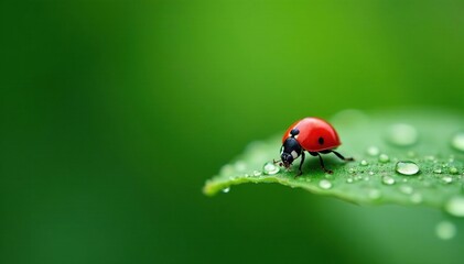 Obraz premium Delicate red ladybug on dew-kissed leaf surface, insect on leaf, tiny details