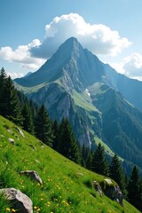 Cloudy peak with lush greenery on the mountain slope, nature, vegetation, land