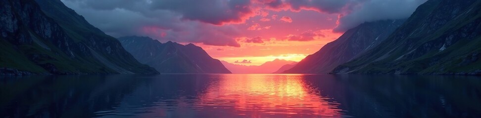 Fjord's dark depths illuminated by glowing sunset, twilight, sea, sunlight
