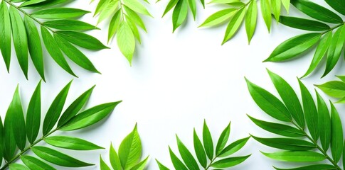 Fototapeta premium Fresh palm leaves scattered on a white surface, isolated, palm leaves, tropical