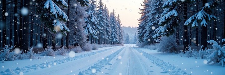 Snowflakes gently falling on a frozen forest road, forest, snowflakes
