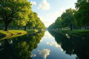 Obraz premium Reflections of trees and sky on calm canal surface, boating, lake