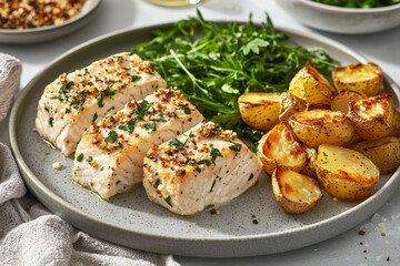 Garlic herb fish fillets, roasted potatoes, and fresh greens.