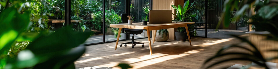 Modern Office Workspace with Natural Light and Greenery