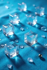 Clear ice cubes scattered on a blue tablecloth, blue tablecloth, frozen water, scattered objects