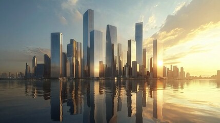 Obraz premium Modern city skyline with reflective glass buildings at sunrise, peaceful and inviting, highly detailed, calm and urban, vibrant and advanced, modern and beautiful atmosphere
