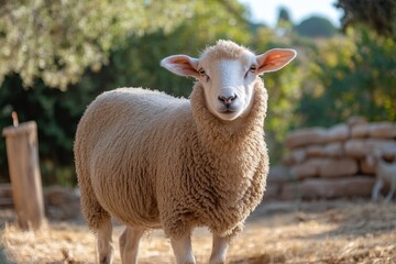 Obraz premium A cute sheep standing in front of an outdoor animal pen, looking at the camera with happy eyes.