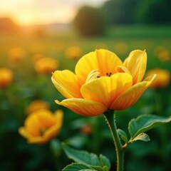 Fototapeta premium Yellow petals of a tomato flower unfolding in the morning dew, morning, garden, dew
