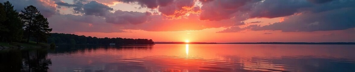 Obraz premium A sunset over a calm lake in Michigan creates a sense of stillness and tranquility, landscape, atmosphere