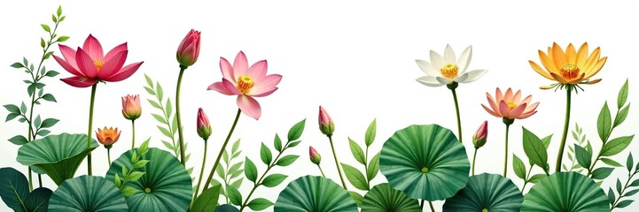 Fototapeta premium Aquatic stems with leaves and flowers isolated on white background water convolvulus and kang kong, botanical garden,