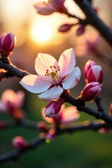 Obraz premium Softly fading light illuminates the delicate pistachio blossoms in the evening hours, blossoms, tree branches, orchard