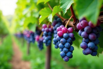 Naklejka premium Vine covered in small purple grapes hanging from stems, green, foliage, ripening