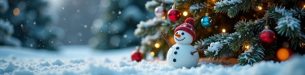 Obraz premium A snowman made from a snowball on a large Christmas tree, snowball, festive decoration, large tree