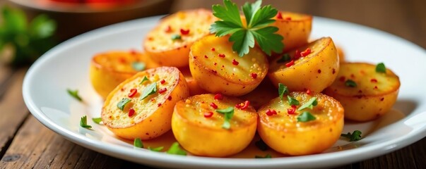 Fried potatoes with paprika and chili flakes on a white plate garnished with fresh parsley, garnish, cuisine, fried
