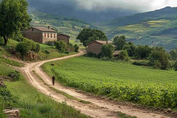 A small village nestled in a verdant valley, surrounded by vineyards, with an old dirt road leading to it and several stone houses along its path.