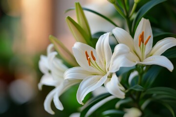 Fototapeta premium Close-up of white Easter lilies, focusing on the delicate petals and green leaves, with a soft background and natural light creating a warm atmosphere.