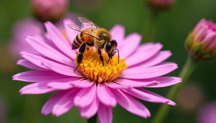Yellow bee collecting nectar from aster flower, insect photography, insects