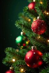 Fototapeta premium Christmas Tree Decorations in the Shape of Red and Green Balls, holiday, lights