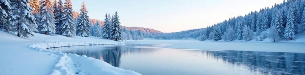 A tranquil frozen lake with snow-covered trees in the distance, calm, snow, evergreen