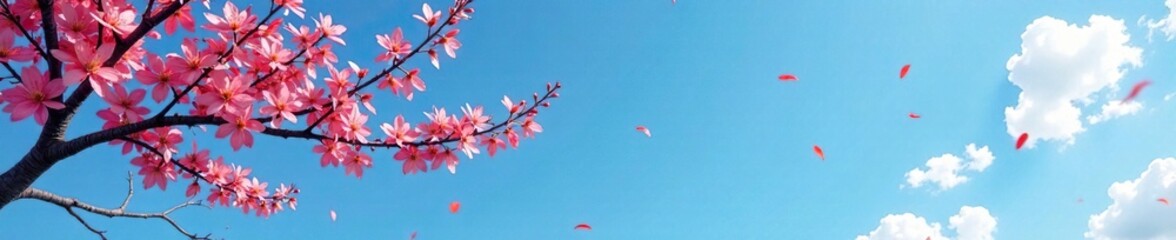Blue sky with scattered Zelkova leaves and twigs, branch, season