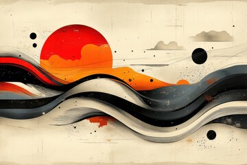 Obraz premium Abstract illustration featuring waves, a sun, and clouds in a stylized design.