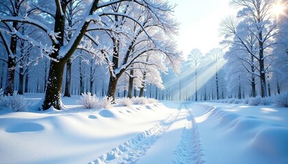 Obraz premium Dense snowfall covering the ground with deep drifts and bare trees, Trees, Snowflakes, Frozen