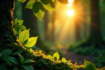 Obraz premium The sun rises over the forest, casting dappled shadows, leaf, sunlight, branch