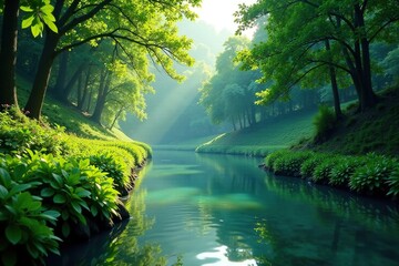 Obraz premium Lush vegetation frames the river's gentle curve, nature, tranquil scene