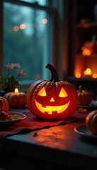 Fototapeta premium A glowing jack o lantern on a table with other decorations, decorations, fall,