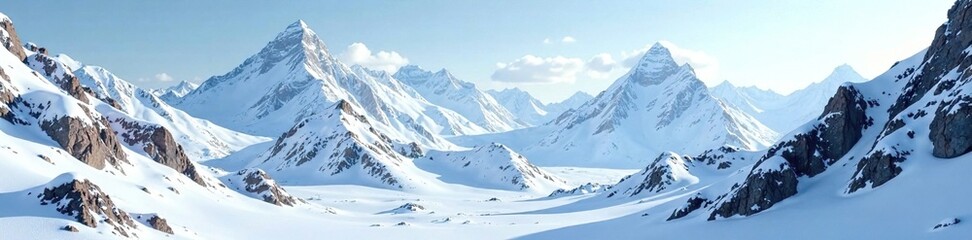 Snow-capped mountains with rocky outcroppings, terrain, snow