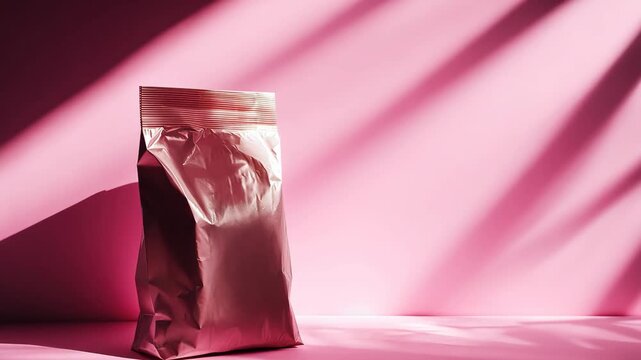 Light shining spotlight on a bag of protein with pink background.