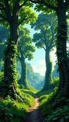 Obraz premium Trees and vines stretch out in every direction behind blue sky, overgrowth, nature