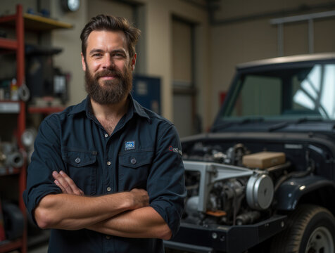 An experienced mechanic stands near an engine in a workshop