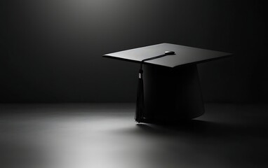 A sleek black graduation cap highlighted against a shadowy backdrop