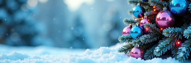 Blue and pink ball-covered Christmas tree in the snowy winter background with sparkly silver trim, winter, icy