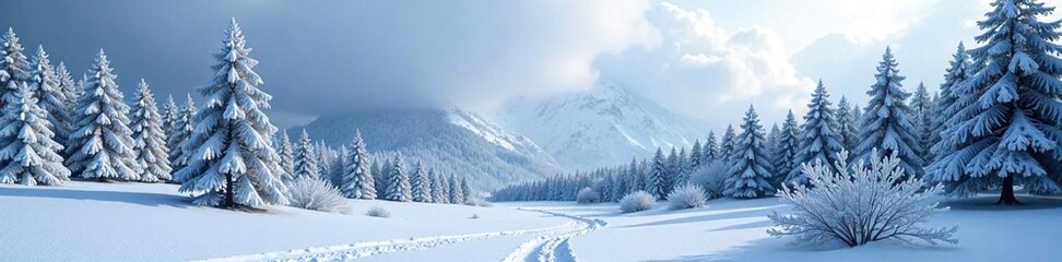 Naklejka premium Frosty forest landscape with snow-covered trees, snowy trees, snow, mountainous terrain