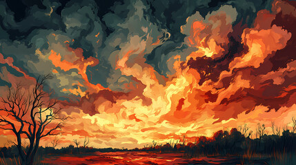 Fiery red sky with dark clouds, symbolizing catastrophe, war, or a dramatic scene of fire and destruction. Fiery Sky. Illustration