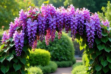 Obraz premium Colorful wisteria blooms drape over garden arch, purple, flowering plant