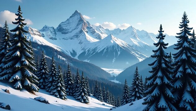 Dense forest of coniferous trees amidst snow-capped peaks, conifers, landscape - Powered by Adobe
