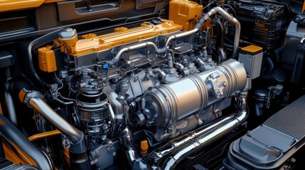 Powerful engine close-up, vehicle bay, industrial background, automotive repair