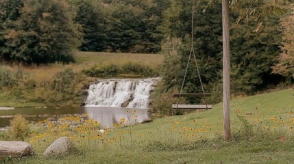 Fototapeta premium Serene waterfall view with rustic swing.