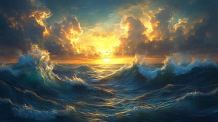 Fototapeta premium Ocean waves with glowing light reflections, calm and peaceful, serene and ethereal, soft and dynamic, high detail and vibrant atmosphere