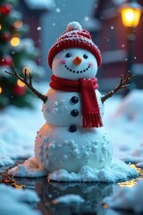 A small pool of water forms beneath the base of a melting snowman, festive background, melting