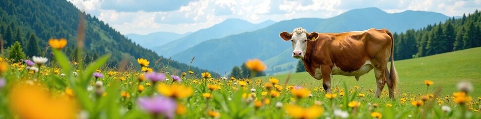 Fototapeta premium Cow in a field of wildflowers in the Carpathian mountains, landscape, flowers