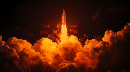 Space rocket launch with fiery orange clouds against dark sky. Fiery Sky. Illustration