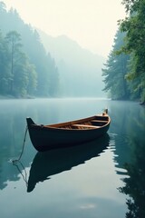Obraz premium Gentle ripples disturb the boat in the misty lake, water, calm, boat