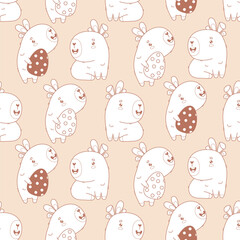 Fototapeta premium Easter Seamless pattern. Holiday Capybaras with Bunny Ears and paschal Eggs on light brown background. Outline Cute cartoon animal backdrop. Line drawing. Vector illustration. Kids collection
